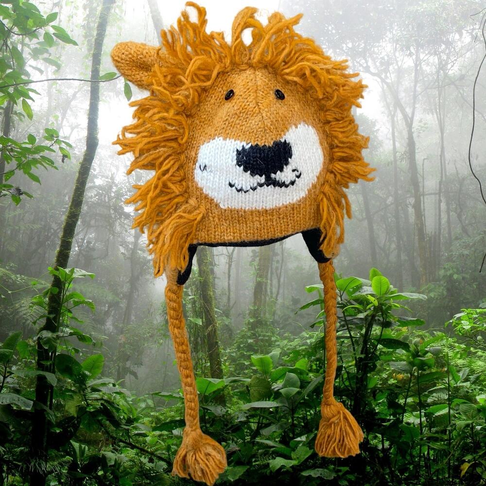 Lion Beanie Hat 100% Wool Handmade Nepal Laplander Earflap Animal Cap Youth OS